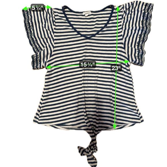 Eyeshadow Navy White Stripe Tie Front Tee Small Scallop Eyelet Sleeves - Picture 7 of 7